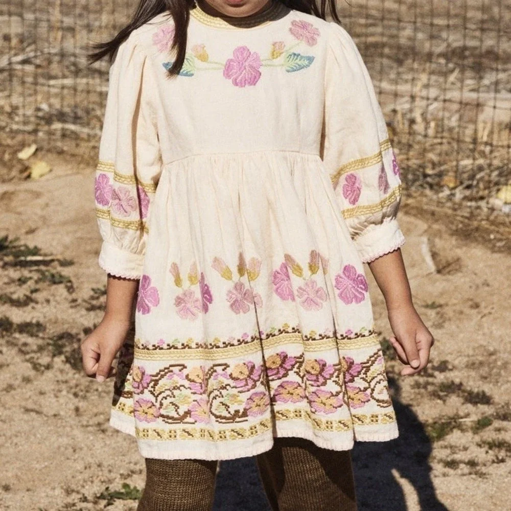 Apolina Kids Mya Dress‎ in String 3-5 Years Floral Embroidered Boho Girls